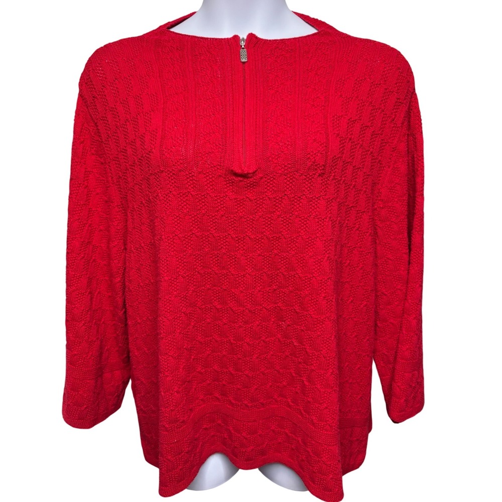 COLDWATER CREEK Red Quarter Textured Knit Pullover Zip Sweater 3X Classic Cozy